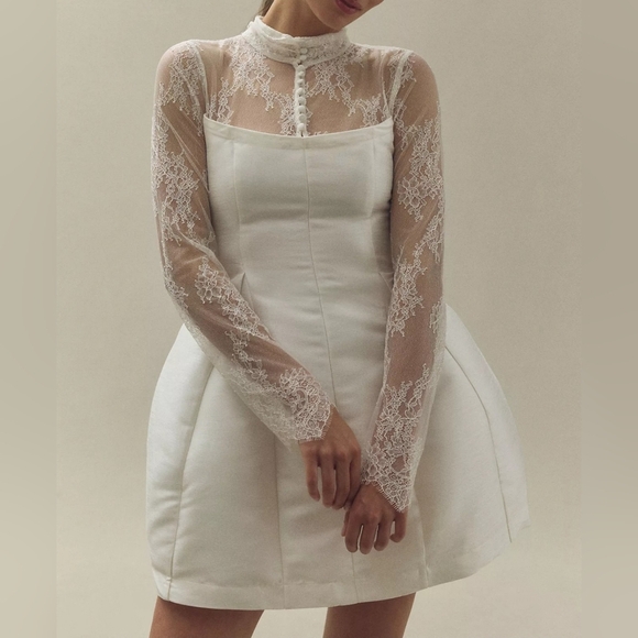 BHLDN Ivory Long-Sleeve High-Neck Lace Fit & Flare Mini Dress - Picture 1 of 14